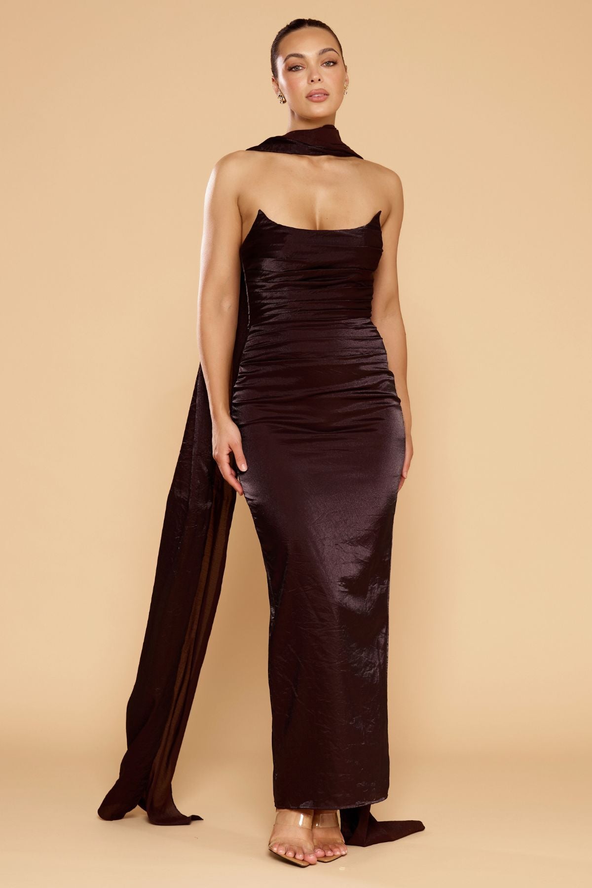 Evangeline Gown with Scarf - Chocolate