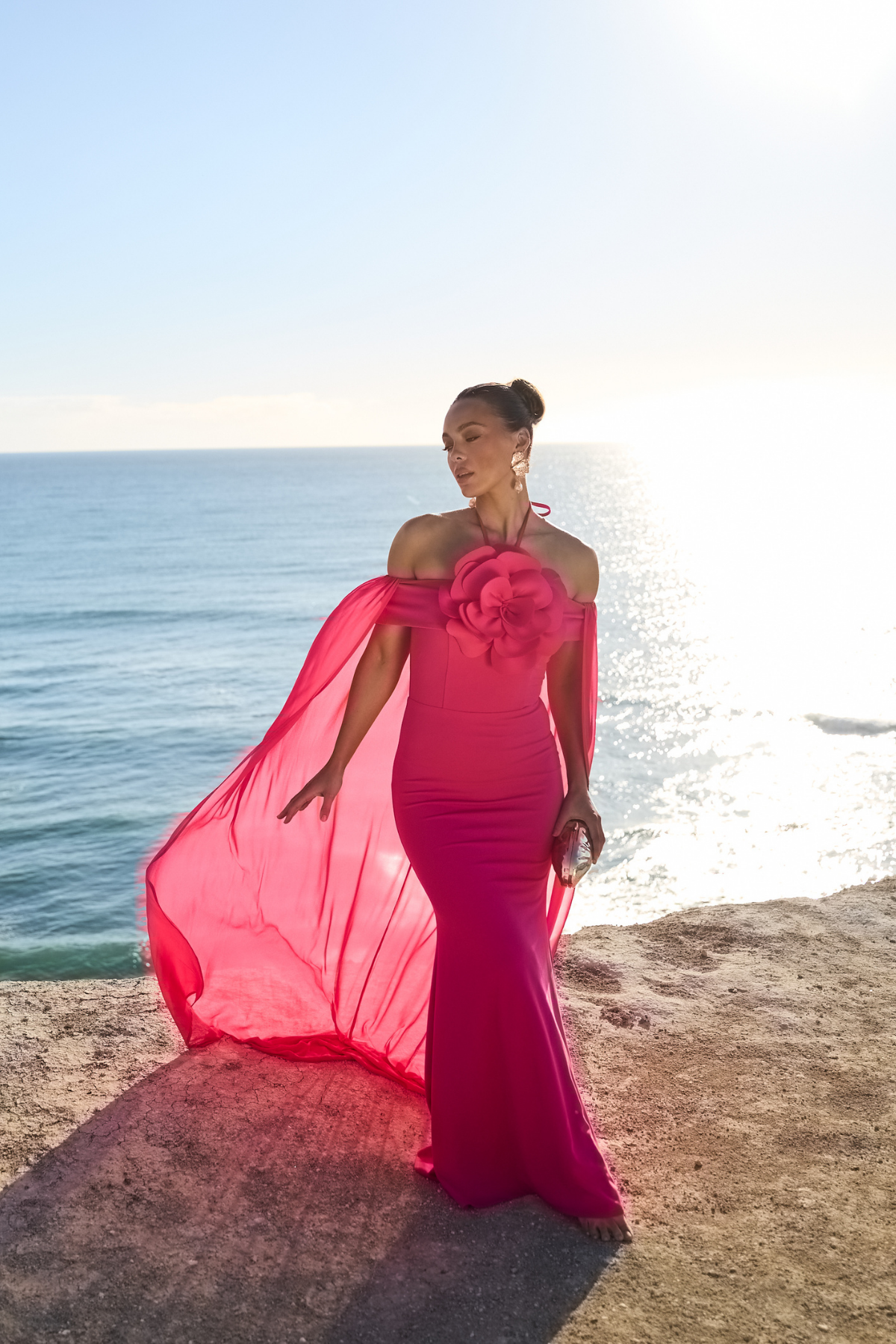 Chloe Cape Halter Gown - Hot Pink Catherine Ferraro Chloe Cape Halter Gown - Hot Pink Catherine Ferraro